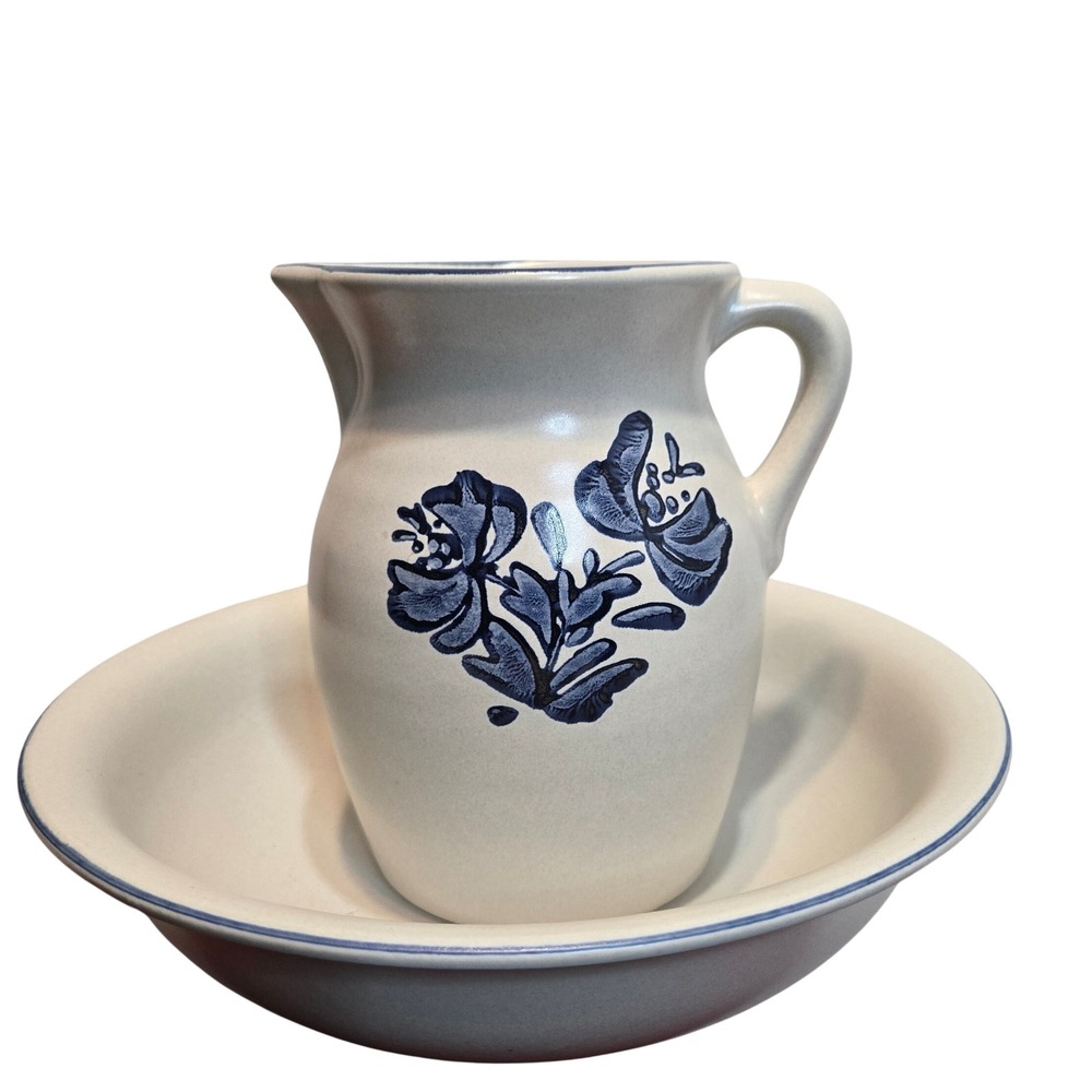Vintage Pfaltzgraff Blue Floral Pitcher and Bowl Wash Basin Bowl‎ Set Ceramic